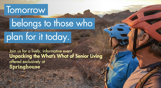 Two people in helmets look at a mountainous landscape at sunset with event text.