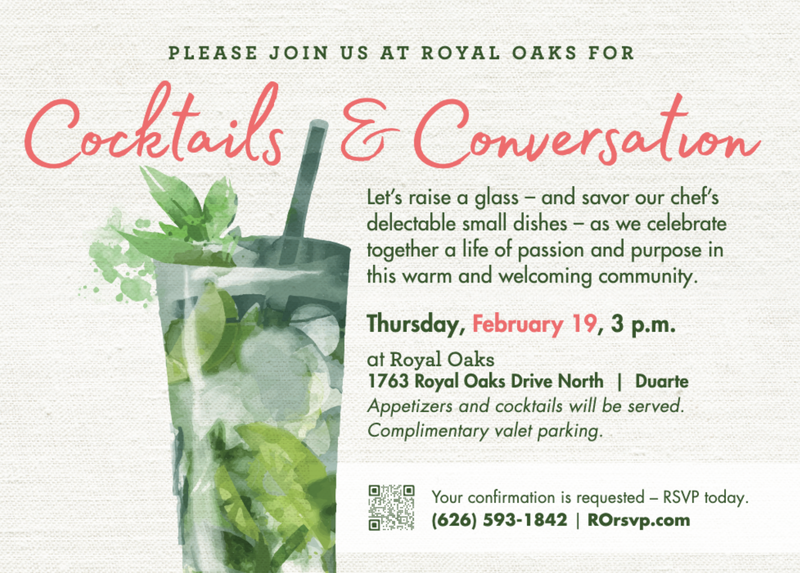 Invitation flyer titled "Cocktails & Conversation" with a watercolor mojito image. 