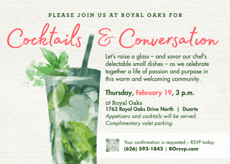 An illustration of a cocktail with details for Royal Oak’s February Cocktails & Conversation event.