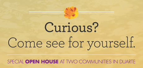 Text on a pale yellow textured background inviting you to a special open house at two senior living communities in Duarte.
