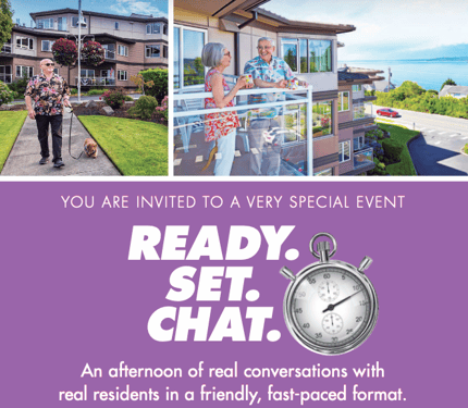 Promotional event graphic featuring residents walking outdoors and chatting on a balcony, with the headline “Ready. Set. Chat.” and invitation text about a special event.