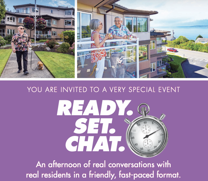 Promotional event graphic featuring residents walking outdoors and chatting on a balcony, with the headline “Ready. Set. Chat.” and invitation text about a special event.