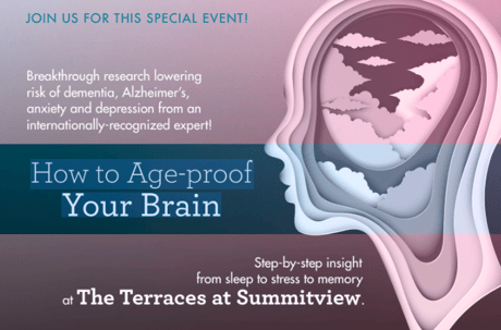 Promotional graphic with details for How to Age-proof Your Brain event at The Terraces at Summitview.