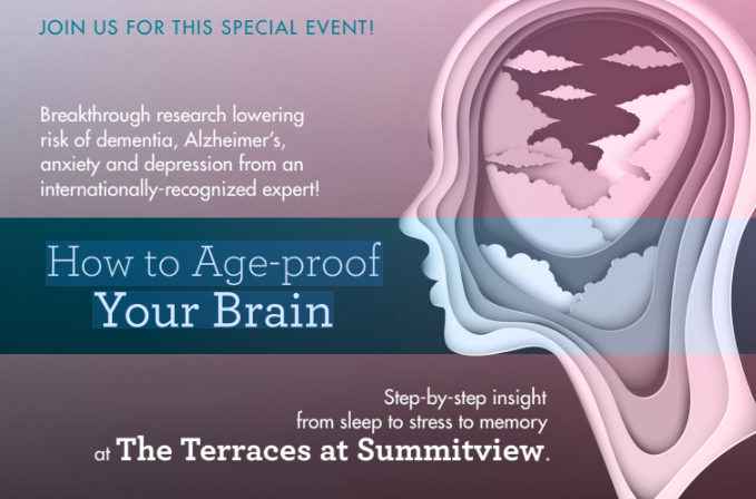 Event flyer titled How to Age-proof Your Brain featuring a layered paper-cut silhouette of a head with clouds inside, set against a gradient background.