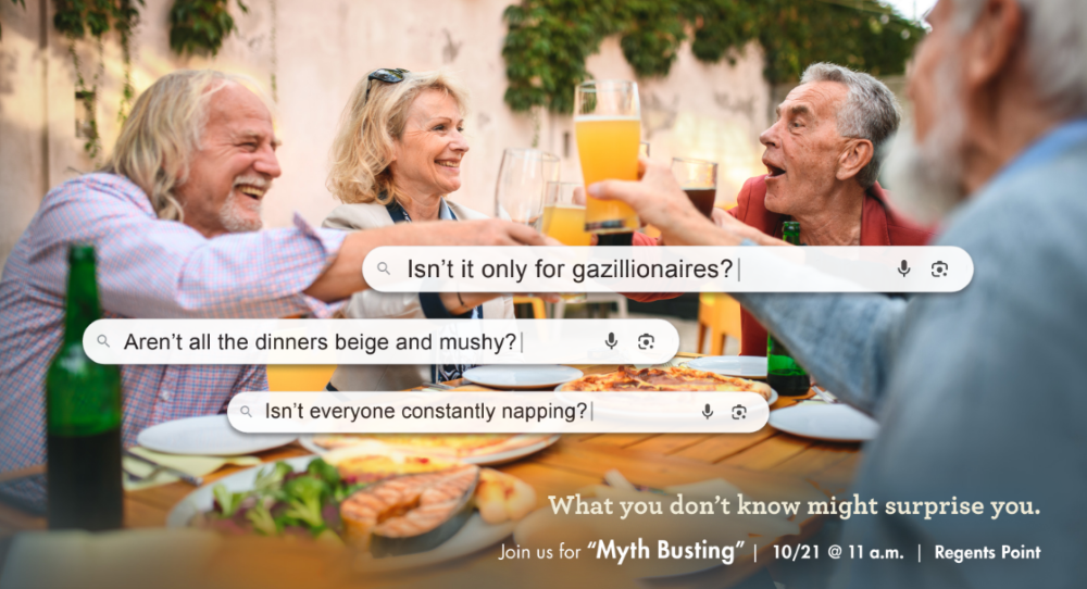 Group of friends dining outdoors with drinks and food, with text challenging common misconceptions about aging and promoting a “Myth Busting” event. Group of friends dining outdoors with drinks and food, with text challenging common misconceptions about aging and promoting a “Myth Busting” event.