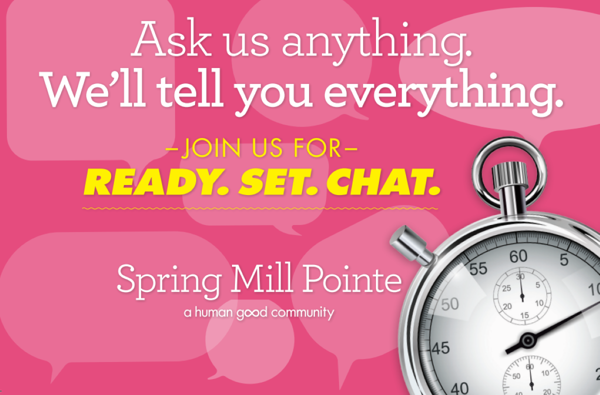 Promotional graphic for Ready Set Chat event at Spring Mill Pointe.