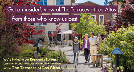 Courtyard at The Terraces at Los Altos with three people walking and vibrant garden surroundings.