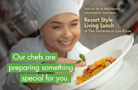 Chef garnishing a colorful vegetable salad with text about a special luncheon invitation.
