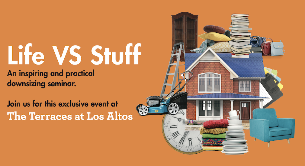 Collage of household items and text about a downsizing seminar on an orange background Collage of household items and text about a downsizing seminar on an orange background