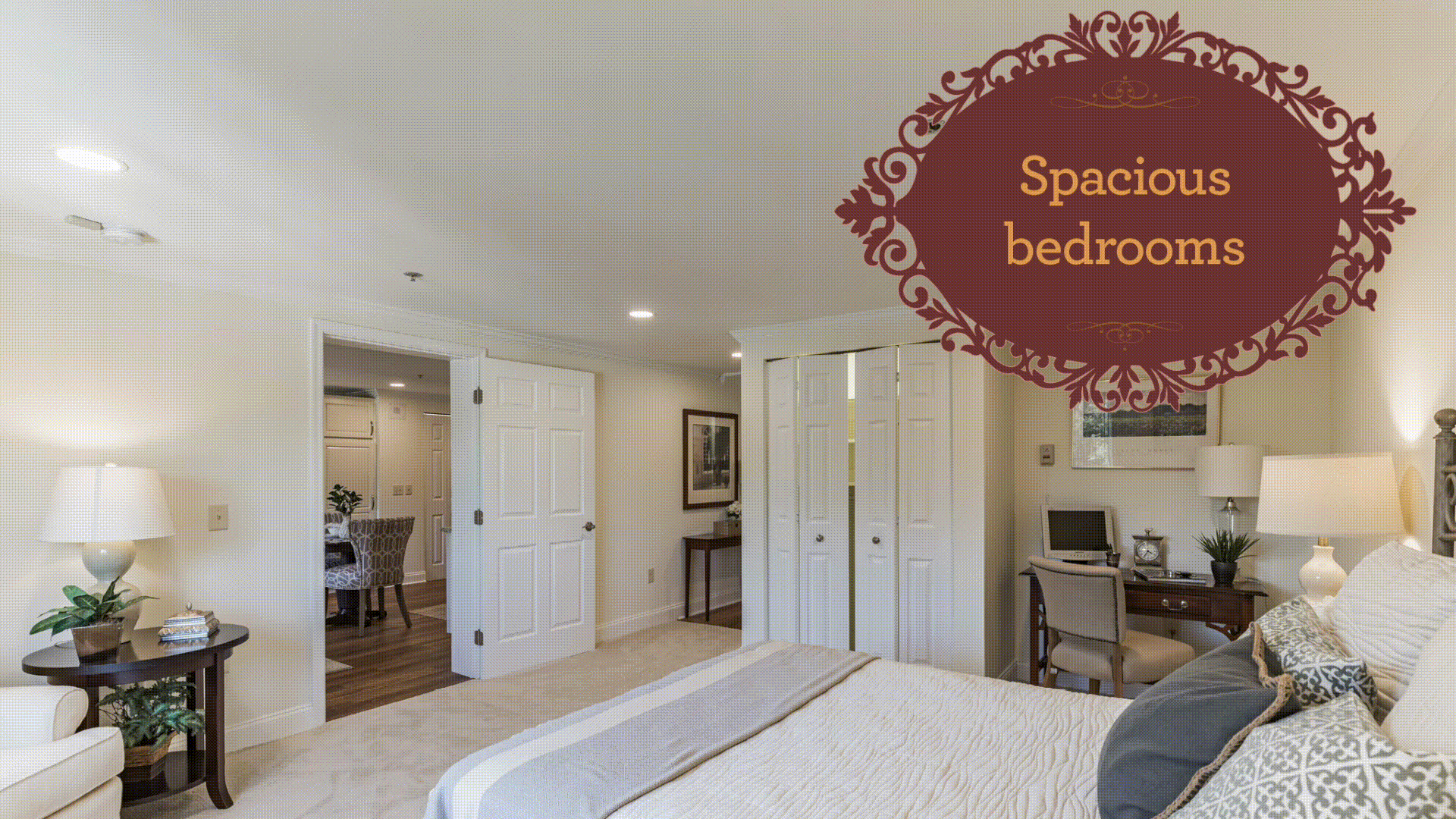 Spacious bedroom, open-concept living room and kitchen, and laundry room.