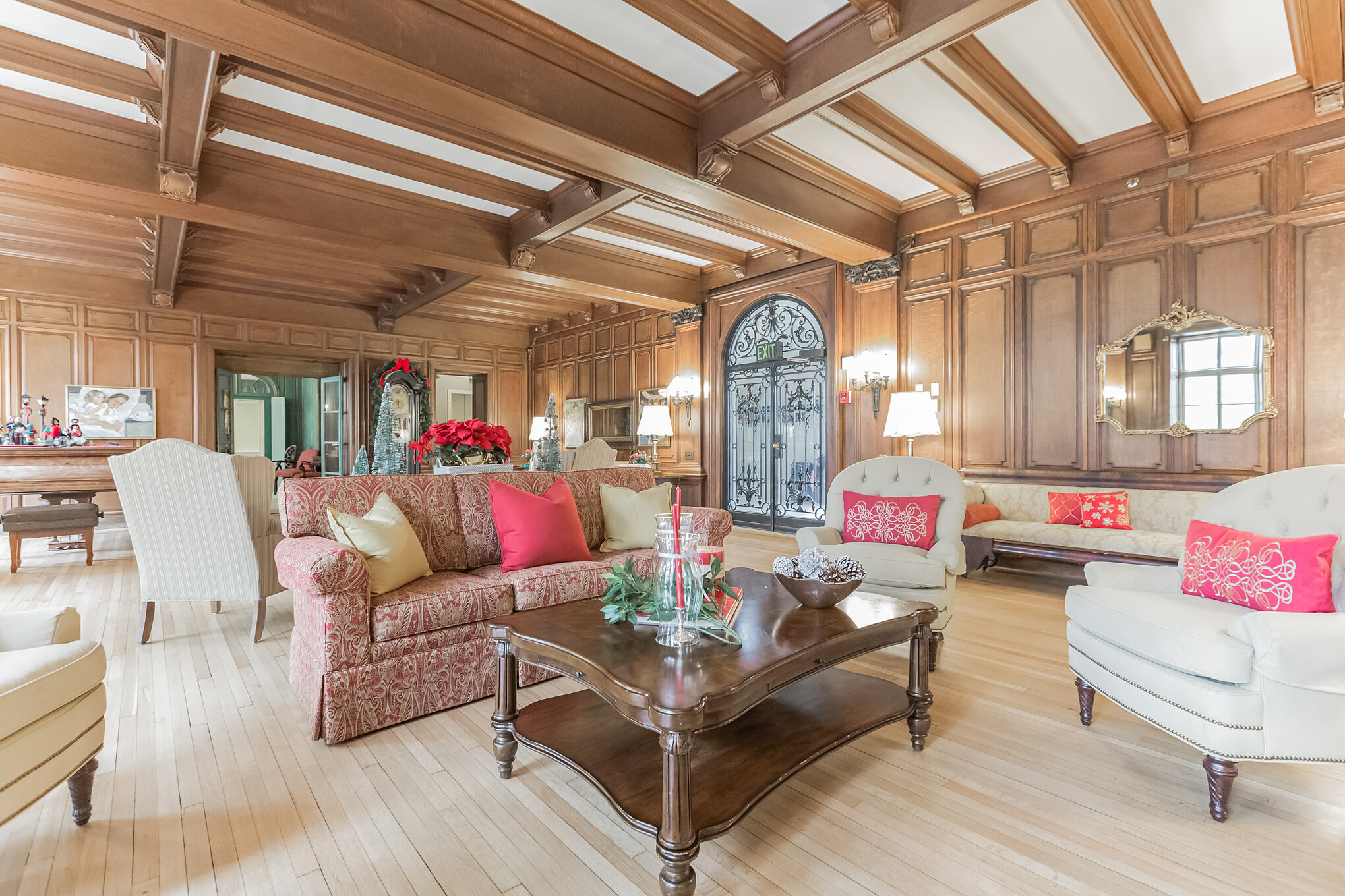 Holiday decorated couches at The Mansion at Rosemont