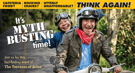 A couple happily riding a motorcycle on a tree-lined road with event promotion text.