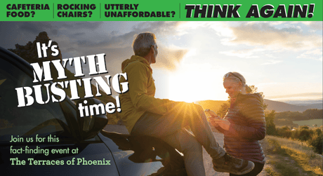 A couple enjoying a sunset outdoors with text about myth-busting event at The Terraces of Phoenix