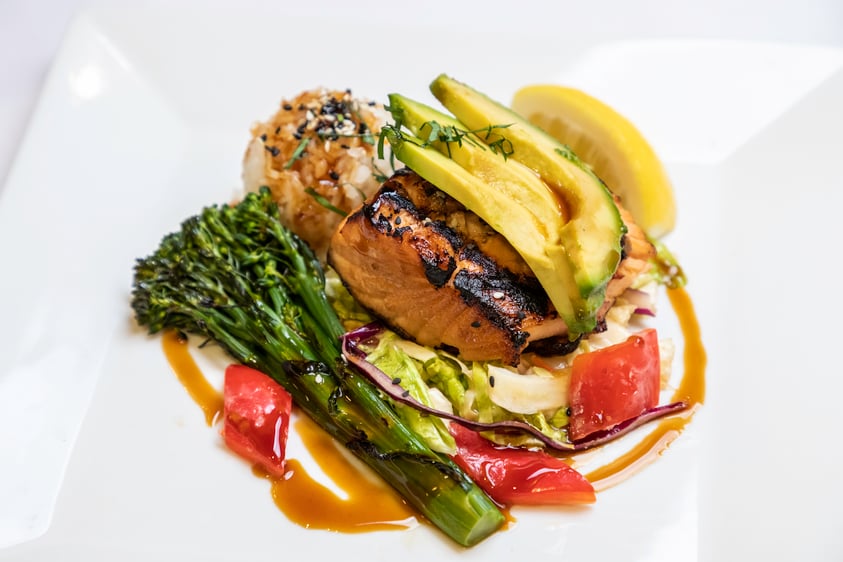 Close-up of a plate of salmon and vegetables