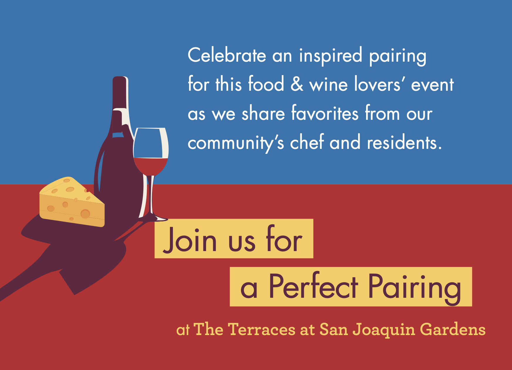 Promotional image for a food and wine event with illustrations of wine and cheese.