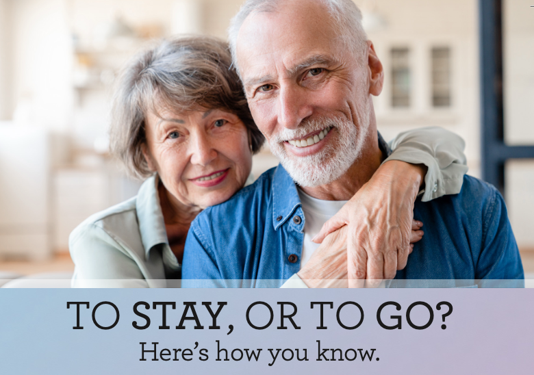 Smiling elderly couple embracing with text overlay.