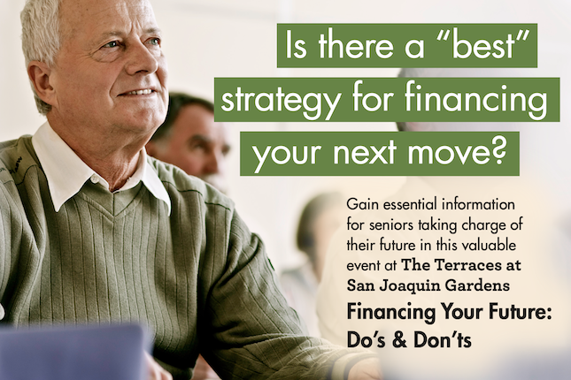 Man in a green sweater with event text on financial strategies for seniors. Man in a green sweater with event text on financial strategies for seniors.