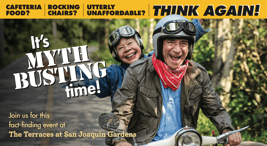 An elderly couple happily rides a scooter in a forest, promoting the myth-busting event at The Terraces at San Joaquin Gardens.
