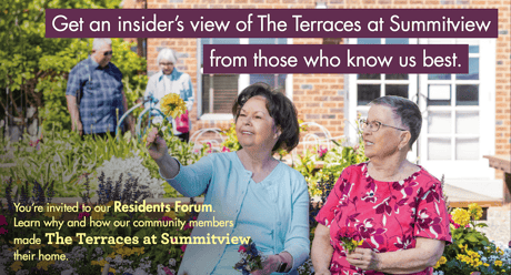 Two women sitting outdoors with flowers and text overlay about a Residents Forum