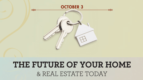 A promotional image with keys and a house keychain, stating "October 3" and "The Future of Your Home & Real Estate Today."