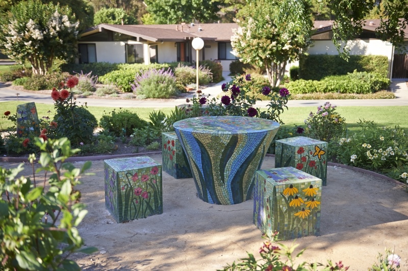Colorful stone table with seats
