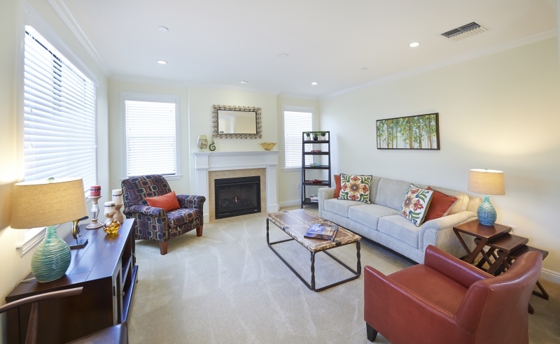 Living room, light gray couch, fireplace