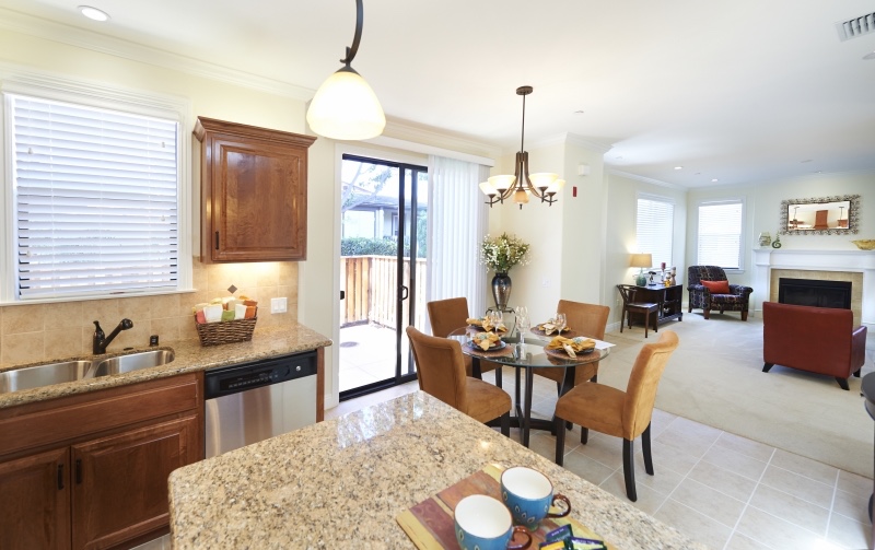 kitchen, dining area, living room