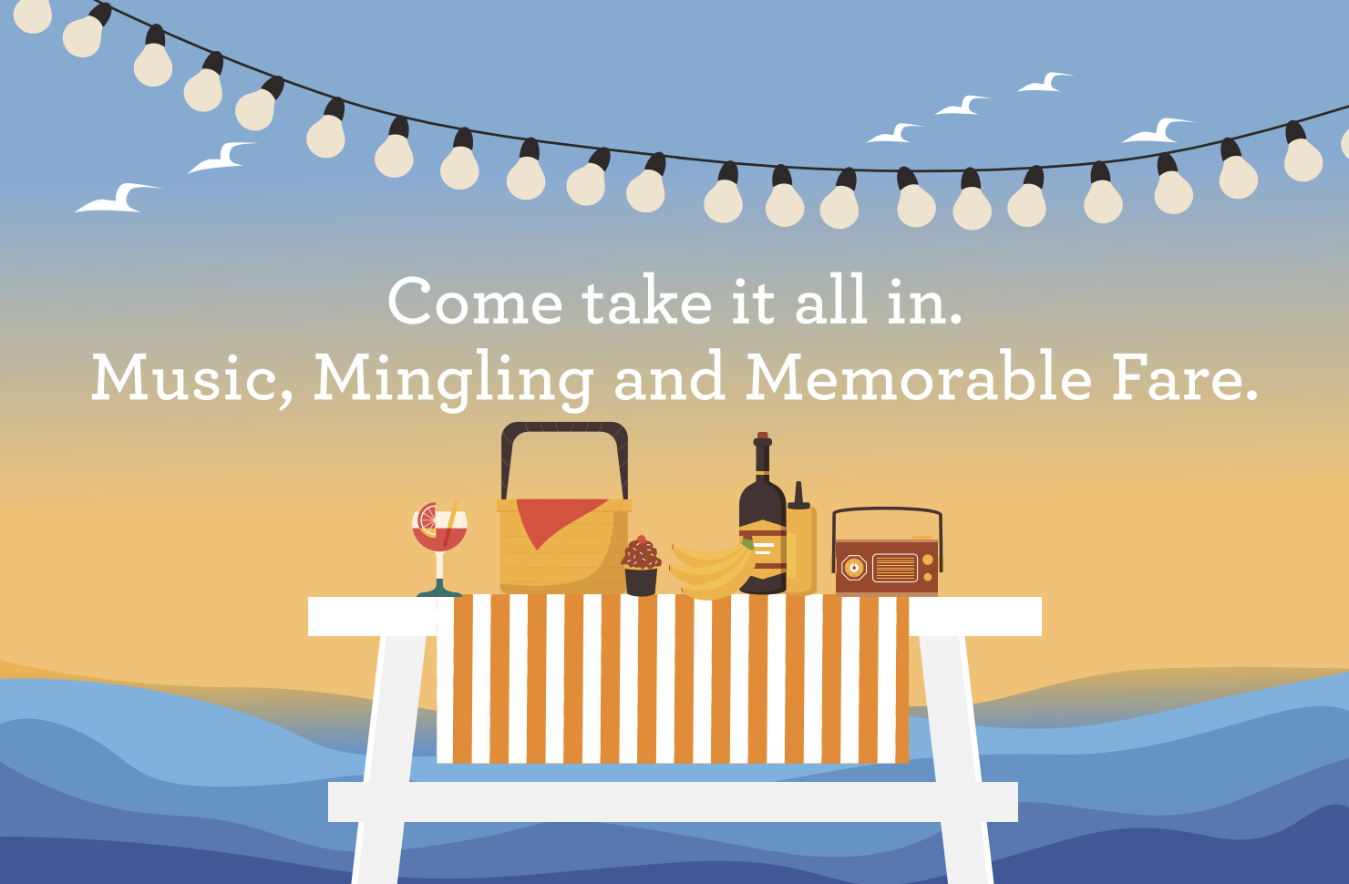 Beach-themed scene with a picnic table, food items, and festive lights against a sunset sky.