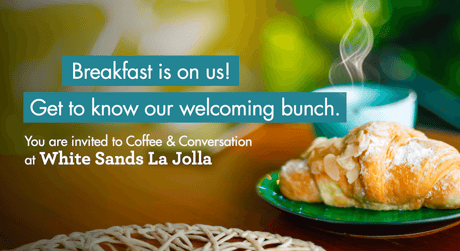 Invitation for breakfast with a croissant and steaming beverage in the background.