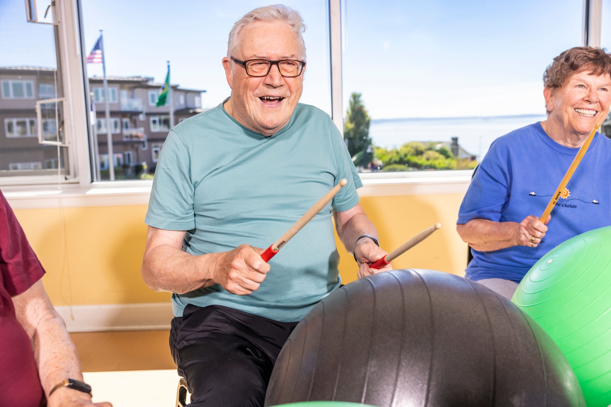 Residents taking part in a group wellness activity at Judson Park, a HumanGood community.