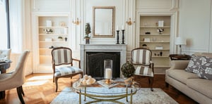 Living room with fireplace at the Mansion