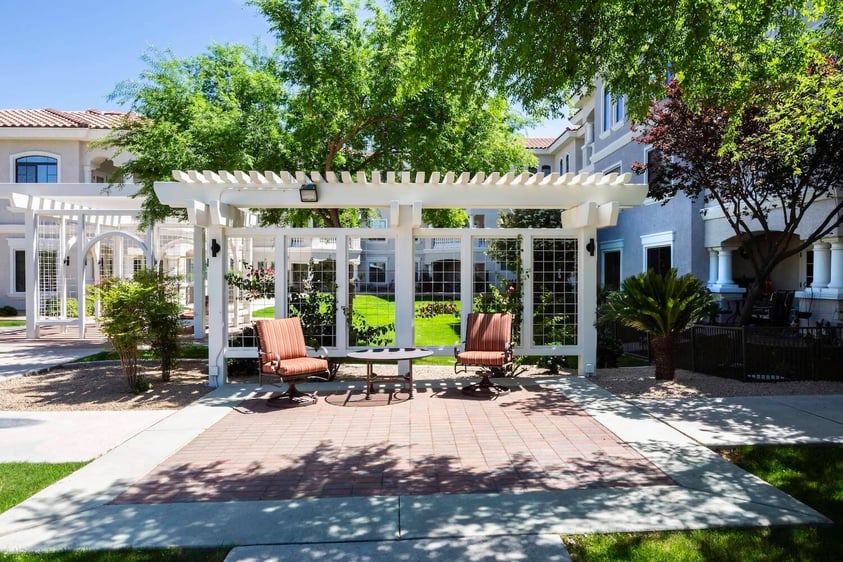Sitting area under trellis