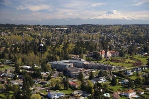 Aerial view of the community with the mountains in the background
