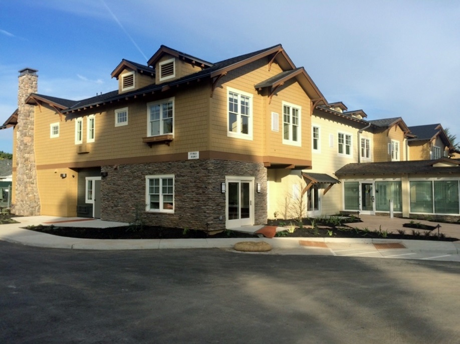 External view of a two-story house at senior living community The Terraces at Los Altos