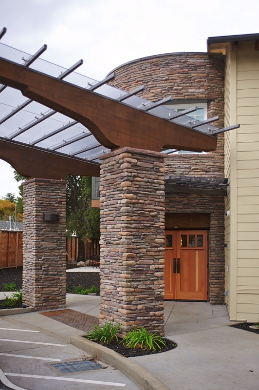 External brick columns at senior living community The Terraces at Los Altos