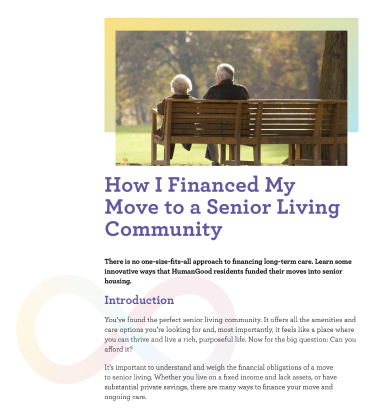 Front page of a guide named How I Financed My Move to a Senior Living Community Front page of a guide named How I Financed My Move to a Senior Living Community