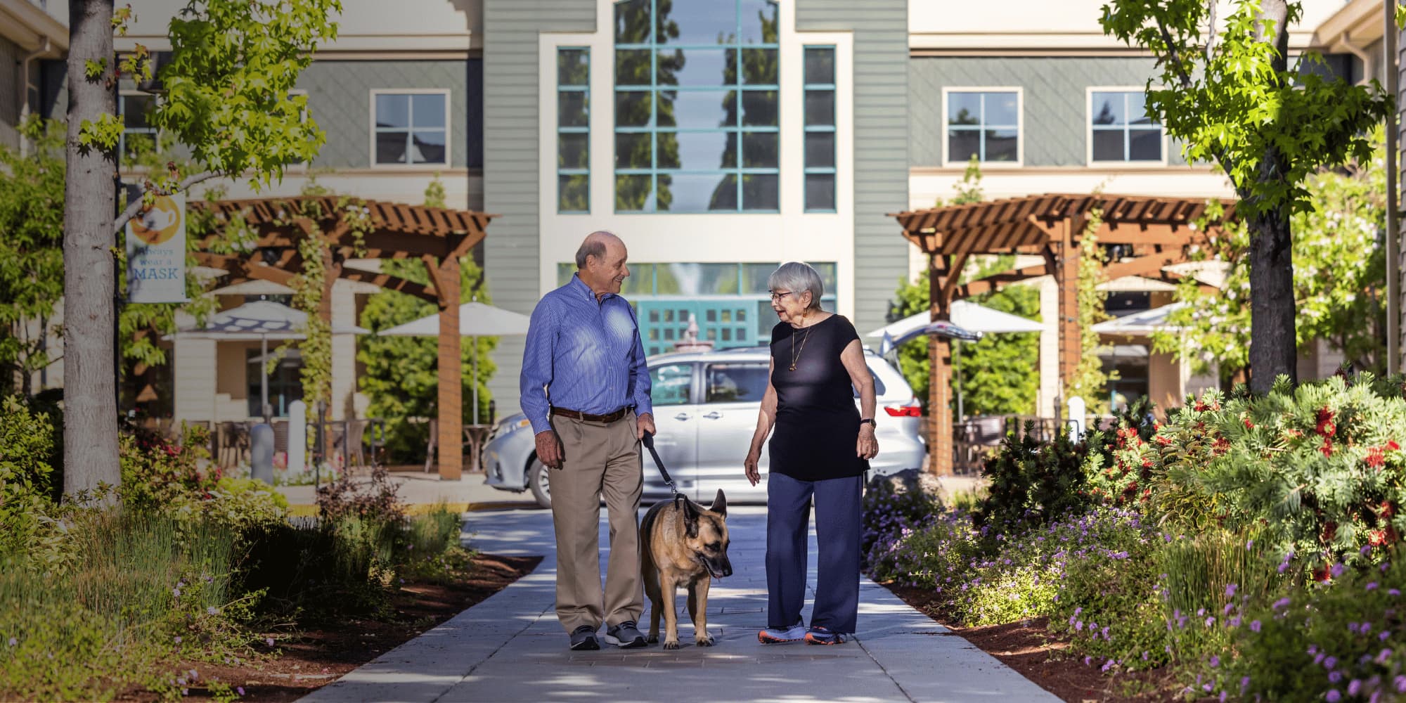 Couple walking with a dog