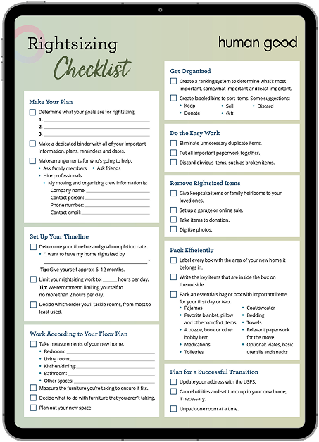 Rightsizing Checklist on a tablet