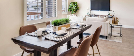 Living and dining room in an independent living apartment