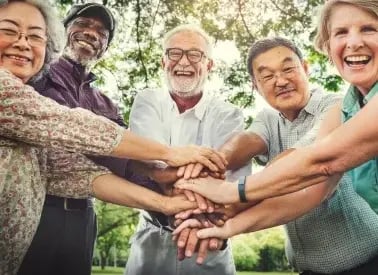 Group of friends stack their hands outdoors in a sunny park, conveying friendship, teamwork, and joyful community.