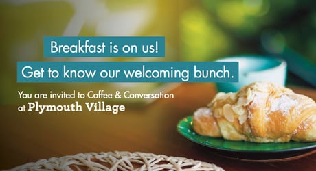 Invitation for breakfast with a croissant and steaming beverage in the background.