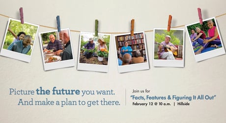 Details for the Hillside Facts, Figures &amp; Figuring It All Out event in blue text on a off-white background, decorated with polaroid photos of Hillside residents pinned to a clothesline.