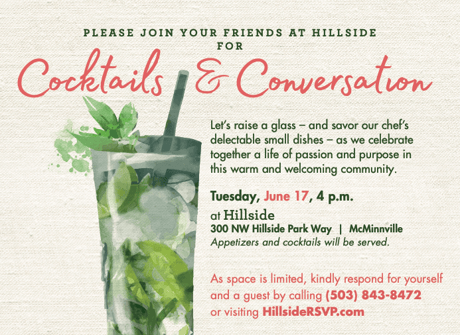 Invitation for Cocktails and Conversation event with a watercolor cocktail illustration and event details.