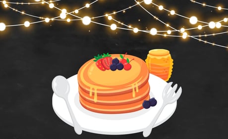 Illustration of a plate of pancakes on a dark background with illustrations of string lights overhead.