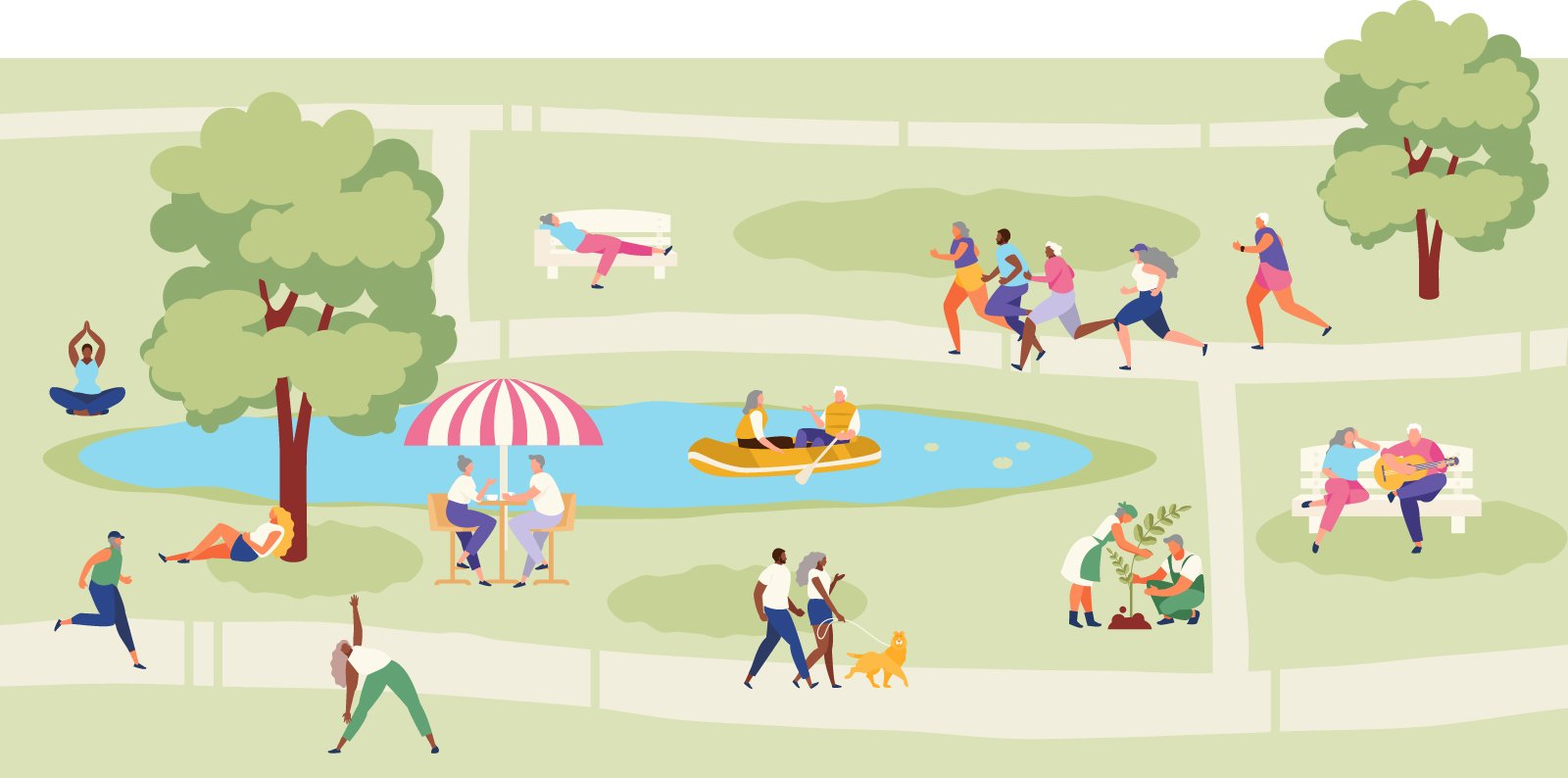 Illustration of park with a lake and walking trails