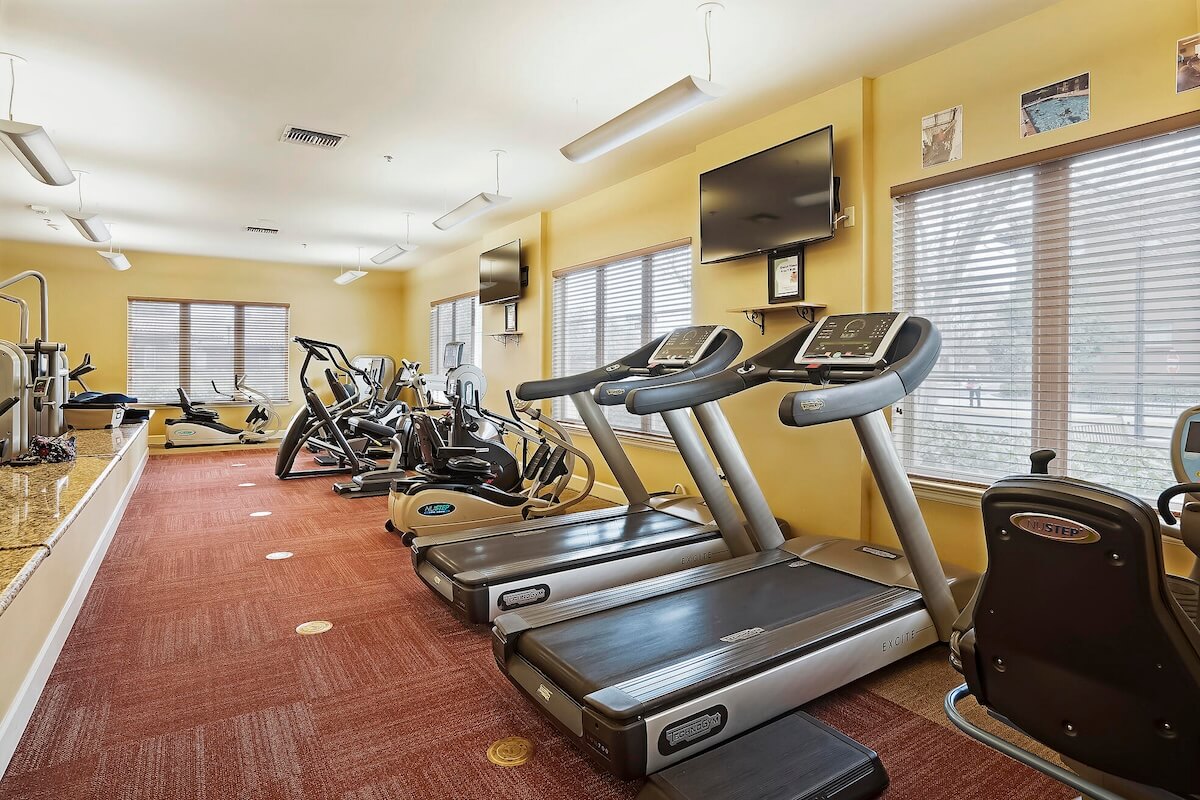 Exercise equipment in the fitness center at The Terraces of San Joaquin Gardens
