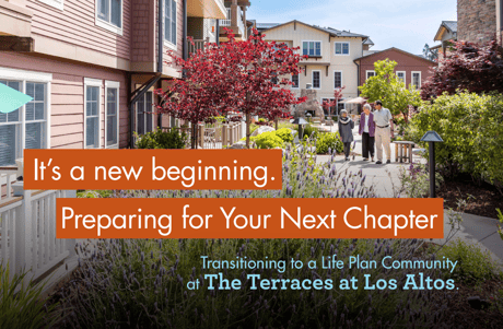 Three residents walk together outside The Terraces at Lost Altos. Text on the image describes the A New Beginning event at the community.