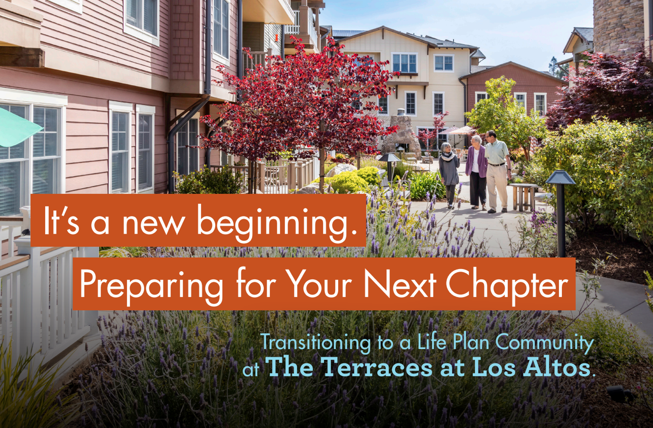 Three residents walk together outside The Terraces at Lost Altos. Text on the image describes the A New Beginning event at the community.