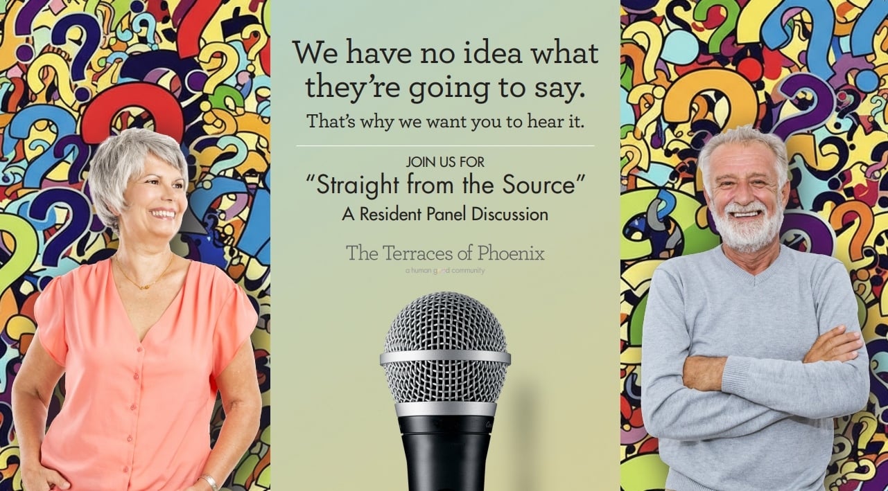 Promo for “Straight from the Source” at The Terraces of Phoenix, showing two smiling residents beside colorful question marks and a central microphone. Promo for “Straight from the Source” at The Terraces of Phoenix, showing two smiling residents beside colorful question marks and a central microphone.