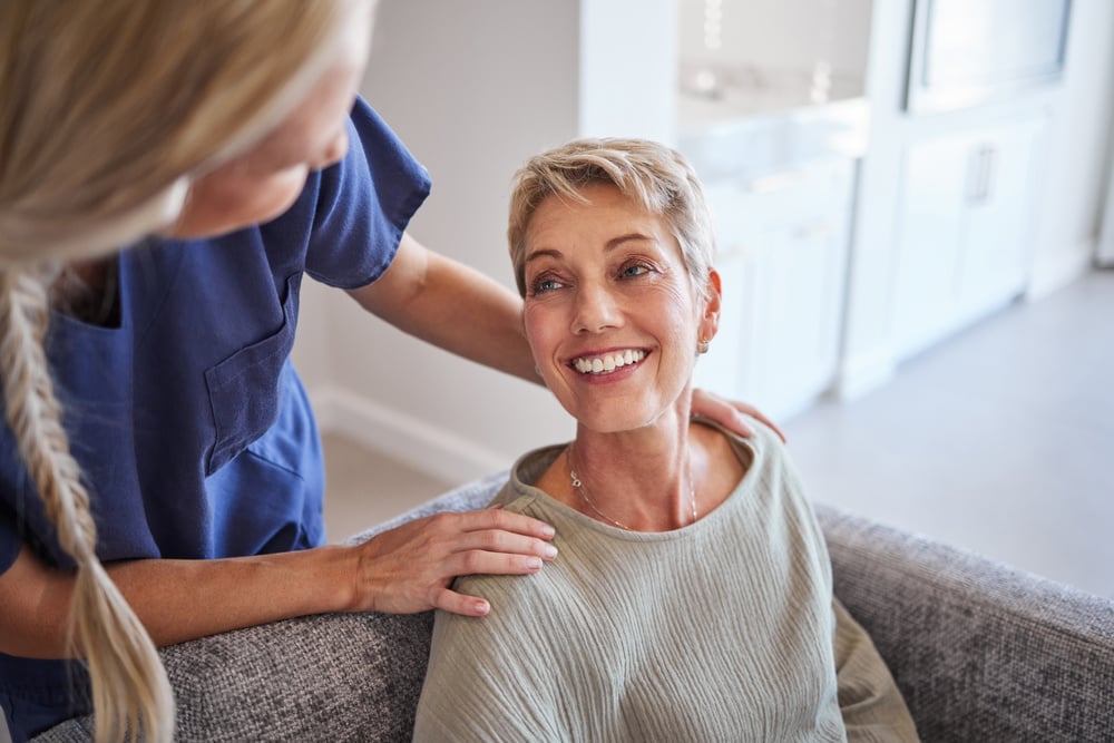 Smile and happy patient with medical help